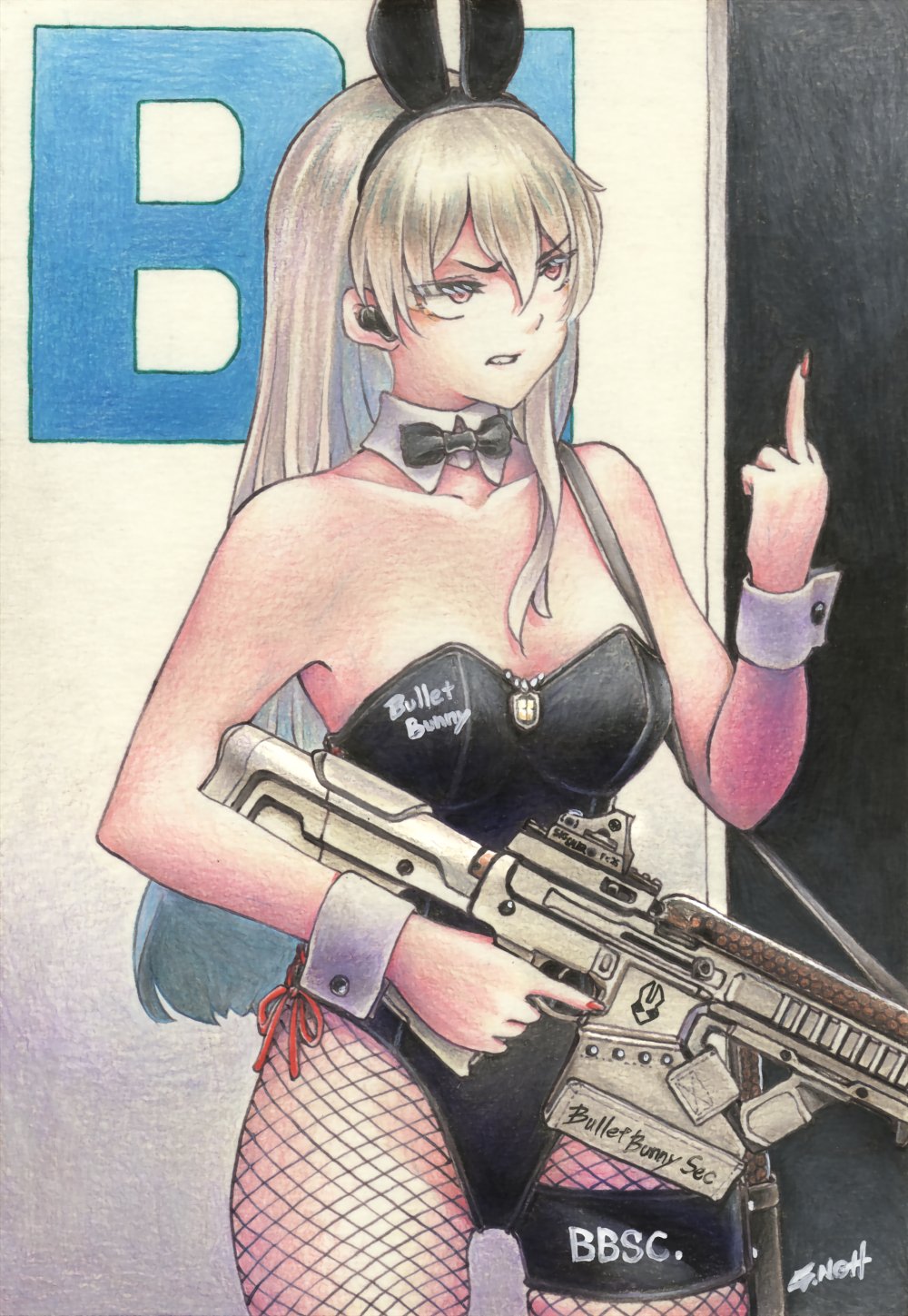 animal_ears ar-57 black_bow black_bowtie black_leotard blonde_hair bow bowtie breasts detached_collar earpiece fishnet_pantyhose fishnets gun highres holding holding_weapon large_breasts leotard long_hair middle_finger original pantyhose rabbit_ears red_eyes rifle tesun_(g_noh) thigh_strap traditional_media watercolor_pencil_(medium) weapon wrist_cuffs