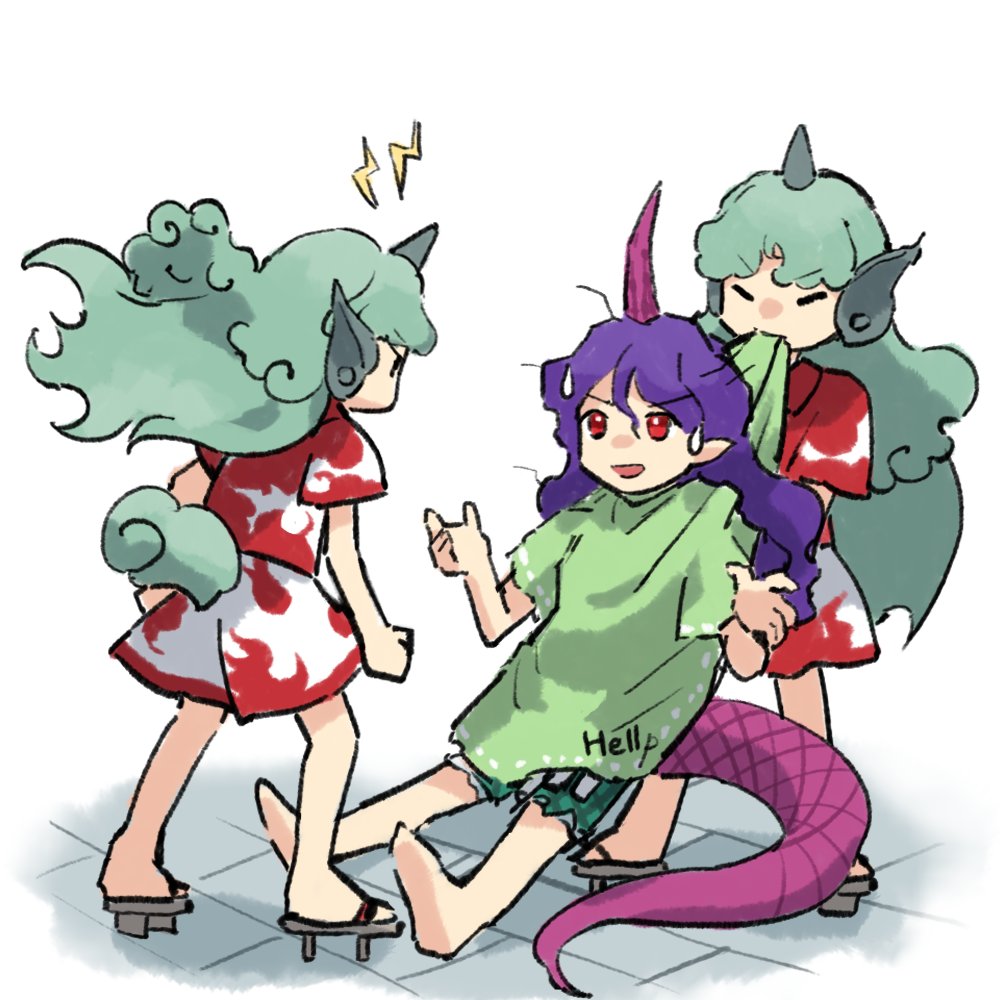 3girls barefoot closed_eyes dual_persona geta green_hair green_shirt horns kaigen_1025 kariyushi_shirt komano_aunn long_hair multiple_girls open_mouth pointy_ears purple_hair purple_horns red_eyes red_shirt shirt short_sleeves shorts single_horn smile tail tenkajin_chiyari touhou white_shorts