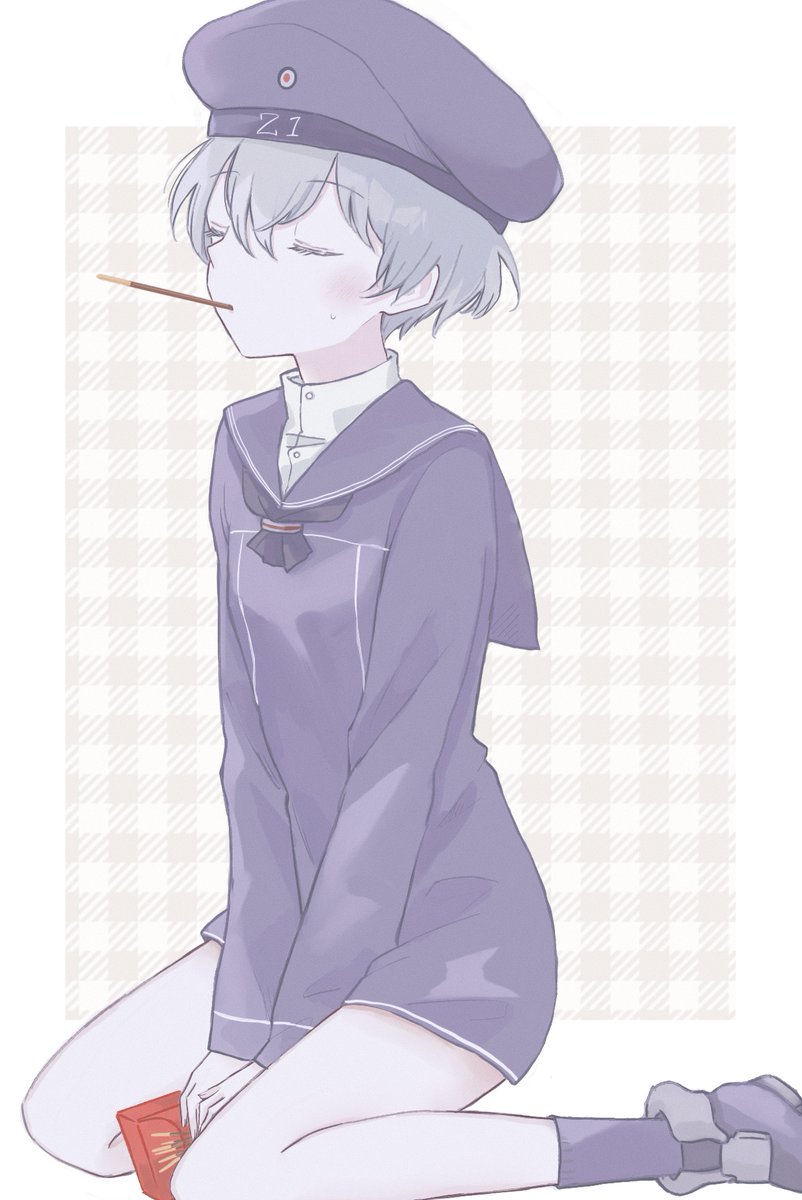 1girl blue_dress blue_headwear blue_sailor_collar blush closed_eyes clothes_writing dress food grey_hair hat highres holding kantai_collection long_sleeves mouth_hold pocky sailor_collar sailor_dress sailor_hat shoes short_hair simple_background sitting socks solo suihei sweat z1_leberecht_maass_(kancolle)