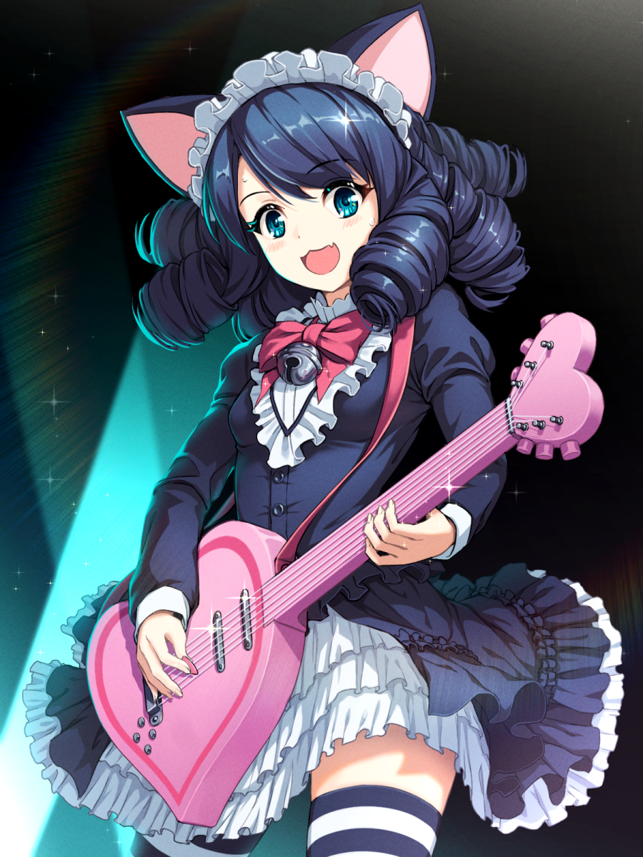 1girl :3 animal_ears aqua_eyes birthday black_background black_dress black_hair blush breasts cat_ears commentary_request cowboy_shot cyan_(show_by_rock!!) dress drill_hair eyelashes fang frilled_dress frills guitar happy_birthday heart highres holding holding_instrument holding_plectrum instrument lens_flare long_sleeves looking_down maid_headdress medium_hair music nyan_c open_mouth petticoat playing_instrument plectrum show_by_rock!! simple_background skin_fang small_breasts smile solo sparkle spotlight standing striped striped_thighhighs sweatdrop swept_bangs thighhighs