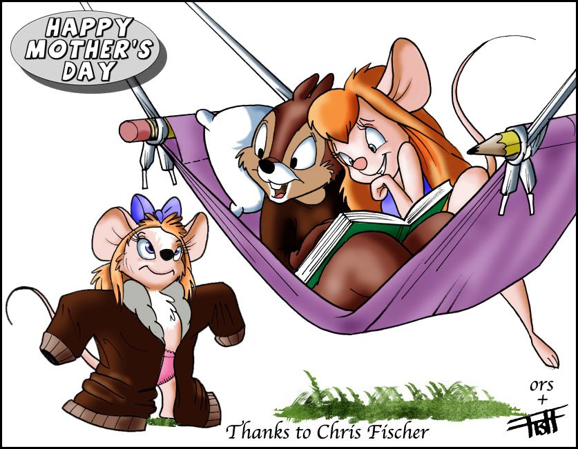 accessory anthro black_nose blonde_hair book bow_ribbon brown_body brown_fur chip_'n_dale_rescue_rangers chip_(disney) chipmunk chris_fischer clothing color_edit colored disney eyelashes female fur gadget_hackwrench ground_squirrel group hair hair_accessory hair_bow hair_ribbon hammock male mammal mouse murid murine pillow pink_nose ribbons rodent sciurid shirt tail tan_body tan_fur third-party_edit topwear trio underwear young