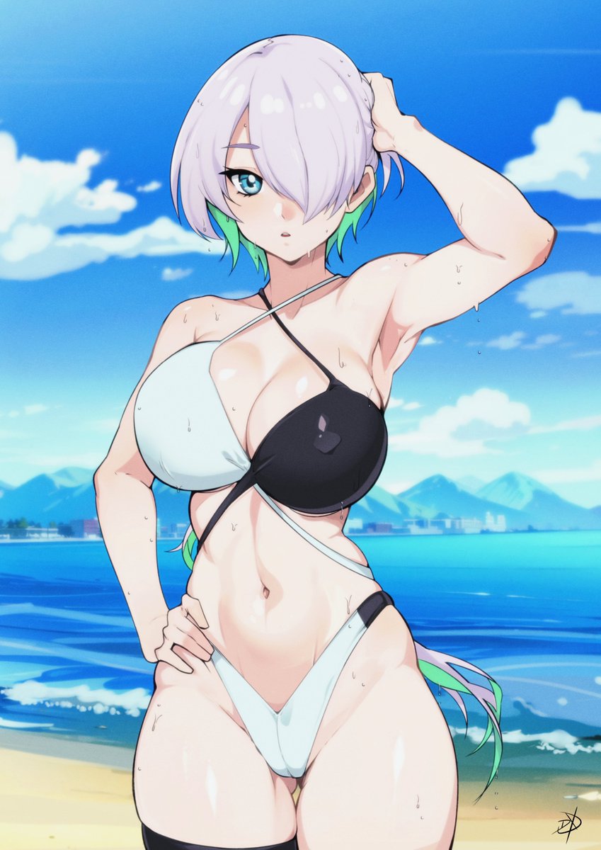 1girl arm_up armpits ass_visible_through_thighs bare_shoulders beach bikini black_bikini blue_eyes blue_sky breasts brid_(nikke) cleavage cloud collarbone commentary commission cowboy_shot criss-cross_halter day delux_drawings goddess_of_victory:_nikke green_hair grey_hair groin hair_between_eyes hair_over_one_eye halterneck hand_on_own_hip highres large_breasts long_hair looking_at_viewer low_ponytail multicolored_hair navel no_mole ocean outdoors parted_lips sidelocks signature skindentation sky solo standing stomach swimsuit thigh_strap two-tone_bikini two-tone_hair wet white_bikini