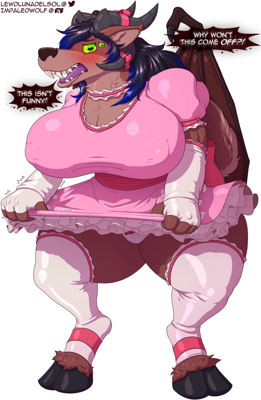 anthro big_breasts blush breasts bulge clothing demon dress embarrassed feminization frilly frilly_clothing genital_outline girly gynomorph hi_res huge_breasts hyper hyper_breasts impaledwolf intersex monster nipple_outline panties panties_bulge penis_outline solo thick_thighs underwear