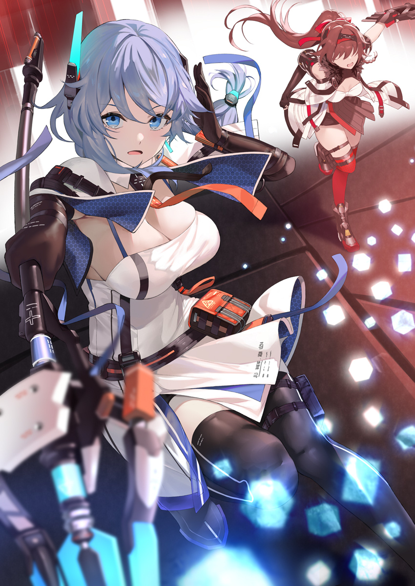 2girls aether_gazer antennae black_gloves black_sleeves black_thighhighs blue_eyes blue_hair blush bow breasts brown_hair cleavage cube detached_sleeves dress elbow_gloves faceless faceless_female full_body gloves hair_between_eyes hair_bow hairband hand_up high_ponytail highres holding holding_polearm holding_sword holding_weapon impossible_clothes impossible_dress indoors jacket light_particles long_bangs looking_at_viewer medium_breasts medium_hair multiple_girls open_clothes open_jacket open_mouth pelvic_curtain polearm poseidon_(aether_gazer) red_bow red_hairband red_thighhighs running side_slit sidelocks spear sword thigh_pouch thigh_strap thighhighs verthandi_(aether_gazer) weapon white_dress white_jacket yappen
