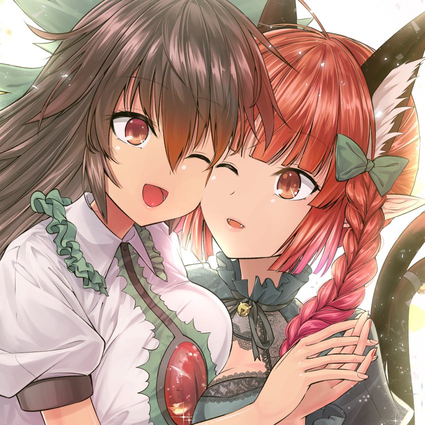 2girls ;d animal_ear_fluff animal_ears asymmetrical_docking bell bloom blunt_bangs braid breast_press breasts brown_hair cat_ears cat_tail chest_jewel cleavage commentary_request commission eye_contact fingernails frilled_shirt_collar frills hair_between_eyes hands_up happy interlocked_fingers kaenbyou_rin large_breasts looking_at_another multiple_girls multiple_tails nail_polish nekomata one_eye_closed open_mouth red_eyes red_hair red_nails reiuji_utsuho simple_background skeb_commission smile tail tail_bell tail_ornament tail_raised touhou twin_braids two_tails upper_body white_background y2 yuri