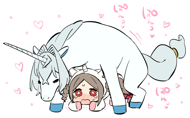 1boy 1girl bestiality blue_hair blush closed_eyes commentary doggystyle grey_hair heart horns lily_(moyori) moyori open_mouth original red_eyes sex sex_from_behind single_horn sweat symbol-only_commentary trembling unicorn unicorn_(moyori) unicorn_costume wavy_eyes