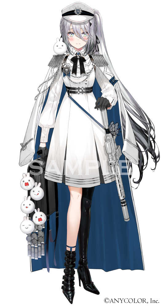 1girl asymmetrical_footwear black_bow black_bowtie black_footwear black_gloves black_hair blue_cape blush boots bow bowtie cape dress epaulettes full_body gloves gradient_hair grey_hair gun half_gloves hand_on_own_hip long_hair mole mole_under_mouth multicolored_hair nijisanji official_alternate_costume official_art sample_watermark side_ponytail simple_background single_thigh_boot solo sophia_valentine sophia_valentine_(2nd_costume) thigh_boots two-sided_cape two-sided_fabric very_long_hair virtual_youtuber weapon white_background white_cape white_dress white_headwear yadapot