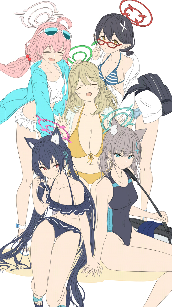 5girls ahoge animal_ear_fluff animal_ears ayane_(blue_archive) ayane_(swimsuit)_(blue_archive) backpack bag bikini bikini_skirt black_bikini black_hair blue_archive blue_bikini blue_eyes blue_jacket blush braid breasts cat_ears cleavage closed_eyes closed_mouth covered_navel cross_hair_ornament crown_braid eyewear_on_head frilled_bikini frills grey_hair groin hair_bobbles hair_ornament halo halterneck hand_on_another's_head highres hoshino_(blue_archive) hoshino_(swimsuit)_(blue_archive) jacket large_breasts long_hair looking_at_viewer low_twintails multiple_girls navel nonomi_(blue_archive) nonomi_(swimsuit)_(blue_archive) one-piece_swimsuit open_clothes open_jacket open_mouth pink_hair pointy_ears red_eyes sandals serika_(blue_archive) serika_(swimsuit)_(blue_archive) shiroko_(blue_archive) shiroko_(swimsuit)_(blue_archive) short_hair short_twintails shoulder_bag simple_background sitting small_breasts smile standing sunglasses swimsuit towel twintails white_background white_bikini white_jacket yatsuka_(846) yellow_bikini yellow_eyes