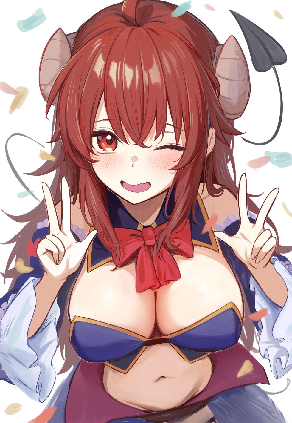 1girl ahoge blue_sleeves borushichi bow bowtie breasts cleavage commentary crisis_management_form_(machimazo) curled_horns demon_girl demon_horns demon_tail detached_sleeves double_w highres horns large_breasts long_hair looking_at_viewer machikado_mazoku one_eye_closed open_mouth red_bow red_bowtie red_eyes red_hair simple_background smile solo tail w white_background yoshida_yuuko_(machikado_mazoku)