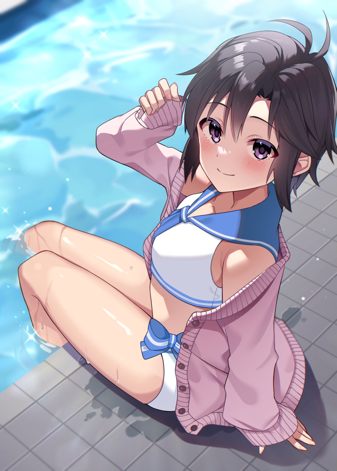 1girl antenna_hair bikini black_hair blue_bow blue_neckerchief blue_sailor_collar blush bow breasts buttons cardigan commentary day dot_nose hand_up highres idolmaster idolmaster_(classic) kikuchi_makoto legs long_sleeves looking_at_viewer neckerchief open_cardigan open_clothes outdoors partially_submerged pink_cardigan pool poolside purple_eyes raimone26 sailor_collar sailor_swimsuit_(idolmaster) short_hair sidelocks sitting sleeves_past_wrists small_breasts solo sunlight swimsuit thighs water wet white_bikini