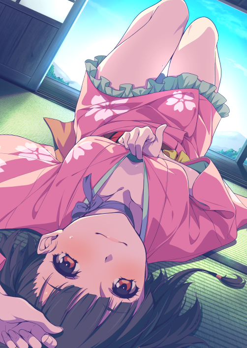 1girl arm_on_head blush breasts brown_eyes brown_hair choker commentary_request commission day floral_print indoors japanese_clothes kimono kimono_pull koutetsujou_no_kabaneri long_sleeves looking_at_viewer lying mumei_(kabaneri) on_back on_floor partial_commentary pink_kimono pulled_by_self qwel_08 ribbon_choker short_hair skeb_commission smile solo