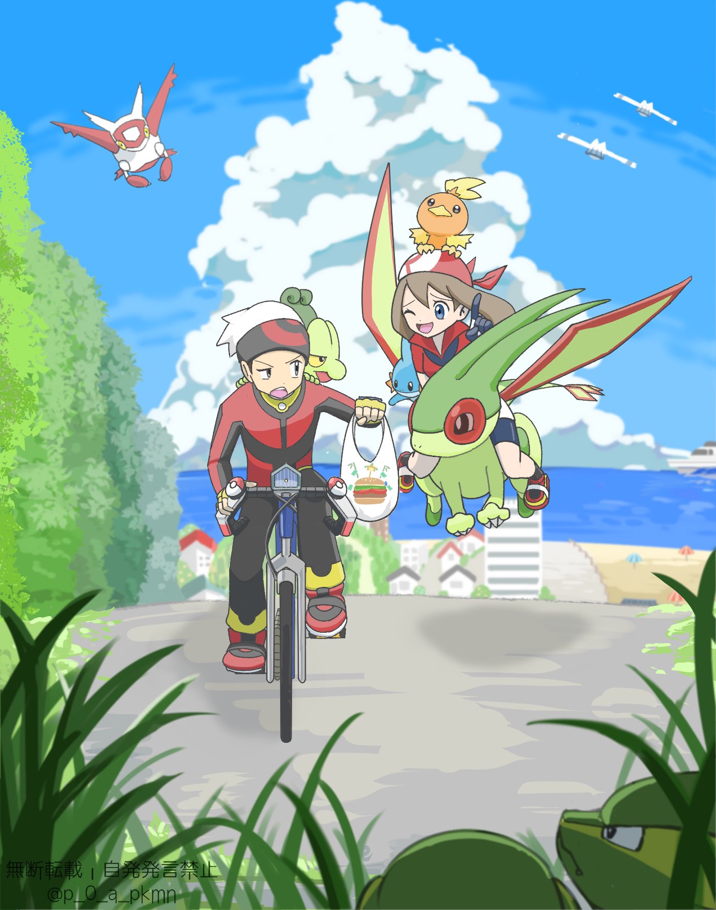 bag bandana bicycle black_eyes blue_eyes blue_sky brendan_(pokemon) claws cloud colored_sclera commentary_request flygon flying grass highres holding holding_bag horizon latias may_(pokemon) mudkip on_head one_eye_closed open_mouth p_0_a pokemon pokemon_(creature) pokemon_(game) pokemon_on_head pokemon_rse raised_eyebrow red_bandana riding riding_bicycle ship sky starter_pokemon_trio teeth torchic tree treecko upper_teeth_only watercraft wings wingull yellow_sclera