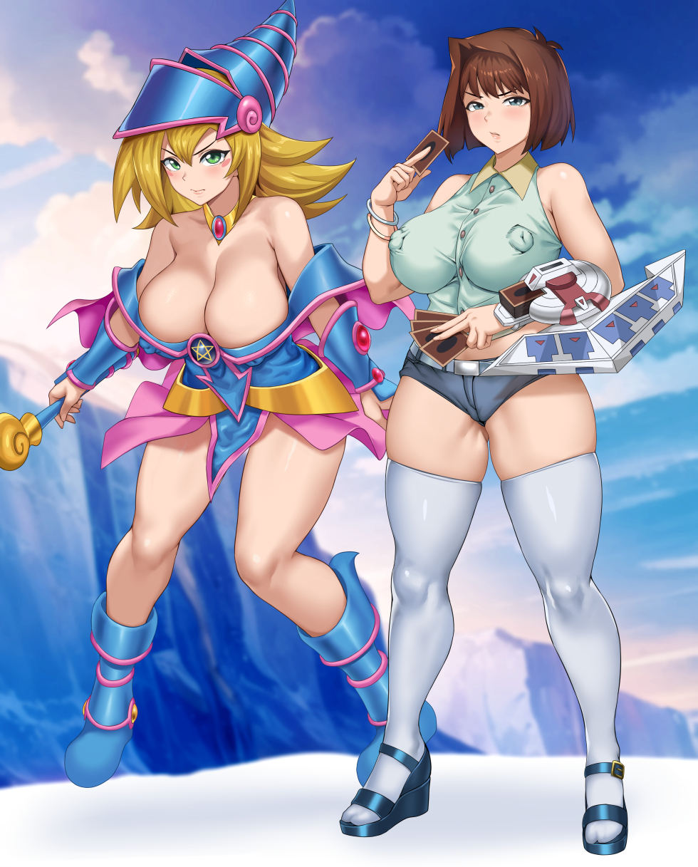 2girls alternate_breast_size aqua_shirt armor armpit_crease ass_visible_through_thighs bare_shoulders blonde_hair blue_dress blue_footwear blue_headwear blue_shorts blunt_ends blurry blurry_background blush_stickers boots breasts cleavage closed_mouth collared_shirt covered_nipples dark_magician_girl depth_of_field dress duel_monster full_body green_eyes grey_eyes hair_between_eyes hand_up hat high_heels highres holding huge_breasts impossible_clothes jirusu legs long_hair mazaki_anzu medium_hair micro_shorts midriff multiple_girls off-shoulder_dress off_shoulder pink_dress revealing_clothes sandals shadow shirt short_dress shorts sidelocks single_hair_intake skindentation sleeveless sleeveless_shirt standing thighhighs thighs toes white_thighhighs wizard_hat yu-gi-oh! yu-gi-oh!_duel_monsters