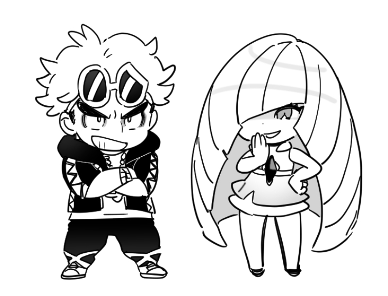 1boy 1girl chibi crossed_arms dede_(qwea_00000) diamond_(shape) eyewear_on_head greyscale guzma_(pokemon) hair_over_one_eye hand_on_own_hip looking_at_another lusamine_(pokemon) monochrome pokemon pokemon_(game) pokemon_sm simple_background smile standing sunglasses team_skull v-shaped_eyebrows white_background