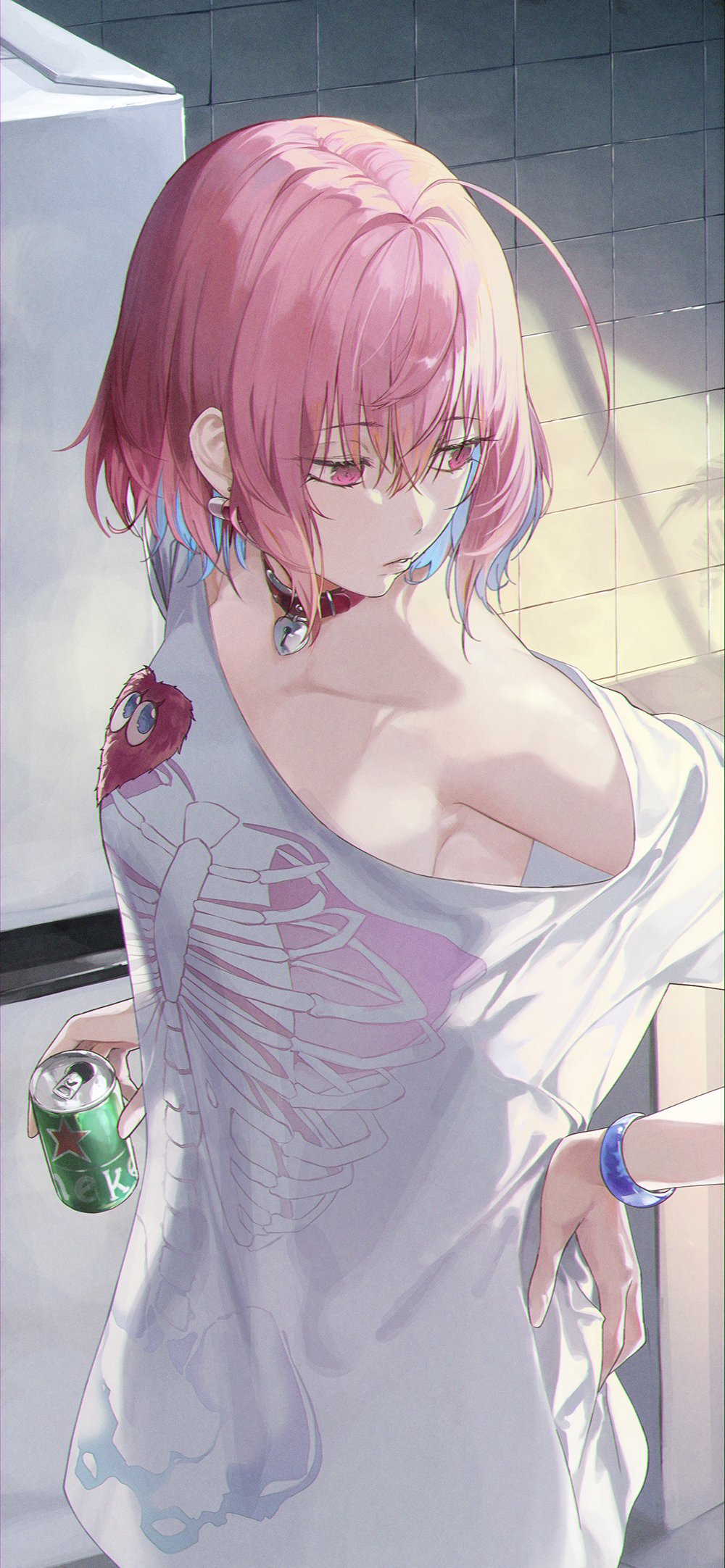 1girl ahoge armpits beer_can blue_hair bone_print bracelet breasts can collarbone earrings hand_on_hip highres holding holding_can idolmaster idolmaster_cinderella_girls idolmaster_cinderella_girls_starlight_stage indoors jewelry leather_choker looking_down medium_breasts multicolored_hair parted_lips pill_earrings pink_eyes pink_hair short_hair single_bare_shoulder solo soya_(torga) tile_wall tiles two-tone_hair yumemi_riamu