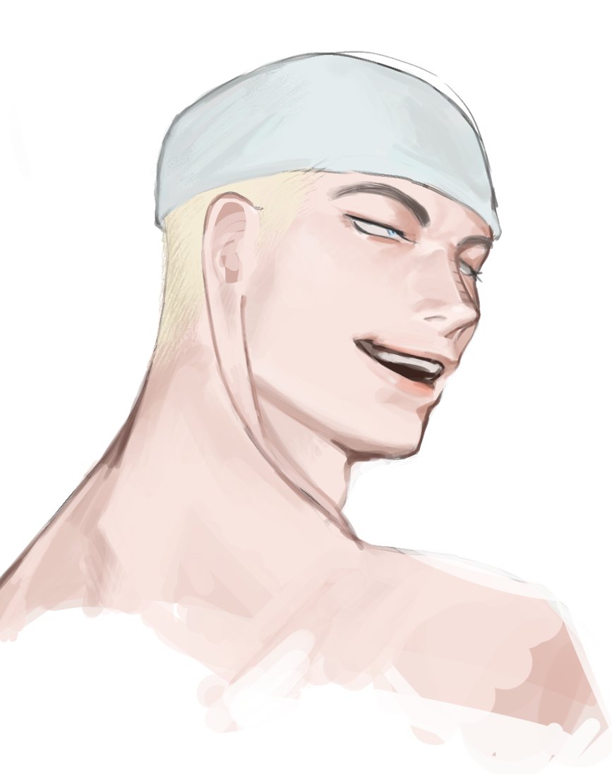 1boy blonde_hair cropped_shoulders disdain enel jitome light_smile long_earlobes looking_to_the_side male_focus nude one_piece open_mouth short_hair sokometi solo thick_eyebrows
