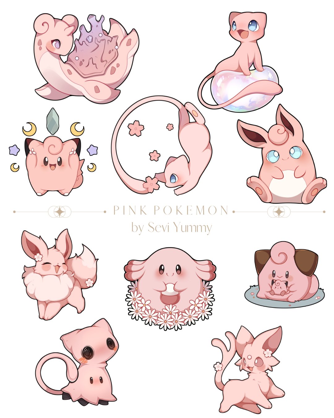 :d arms_up artist_name ball blue_eyes chansey cleffa colored_skin crystal ear_flower eevee espeon flower highres jigglypuff lapras mew_(pokemon) mimikyu no_humans pink_flower pink_skin pokemon pokemon_(creature) sevi_(seviyummy) simple_background smile white_background wigglytuff