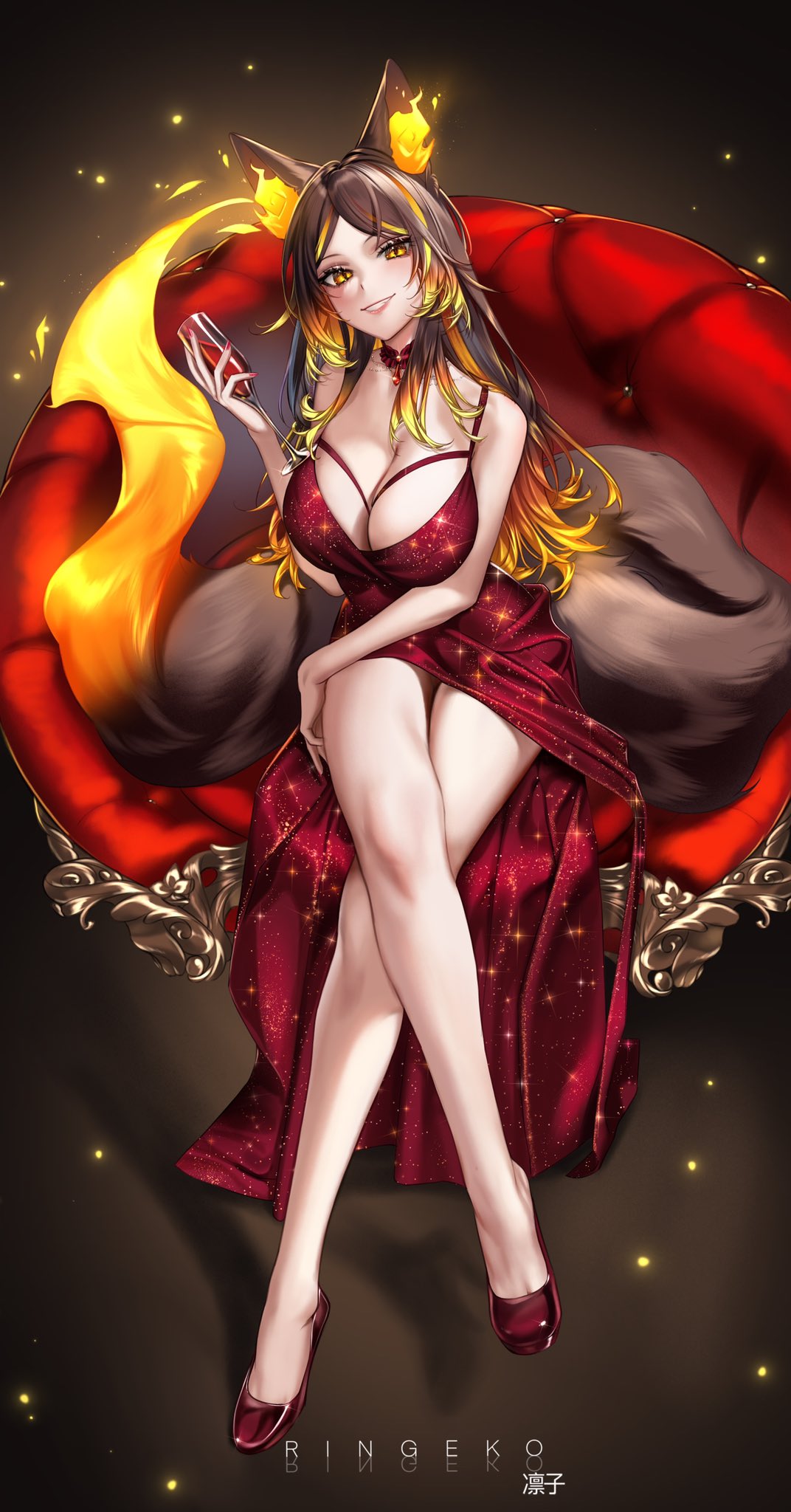 1girl alcohol animal_ears artist_name bare_legs bare_shoulders blonde_hair breasts brown_hair chair champagne choker cleavage commission crossed_legs cup dot_nose dress fire flame forehead full_body glass gradient_background grin high_heels highres holding holding_cup indie_virtual_youtuber large_breasts looking_at_viewer multicolored_hair orange_hair parted_bangs red_choker red_dress red_hair red_nails ringeko-chan sinder_(vtuber) sitting slit_pupils smile solo sparkle streaked_hair tail virtual_youtuber wolf_ears wolf_girl yellow_eyes