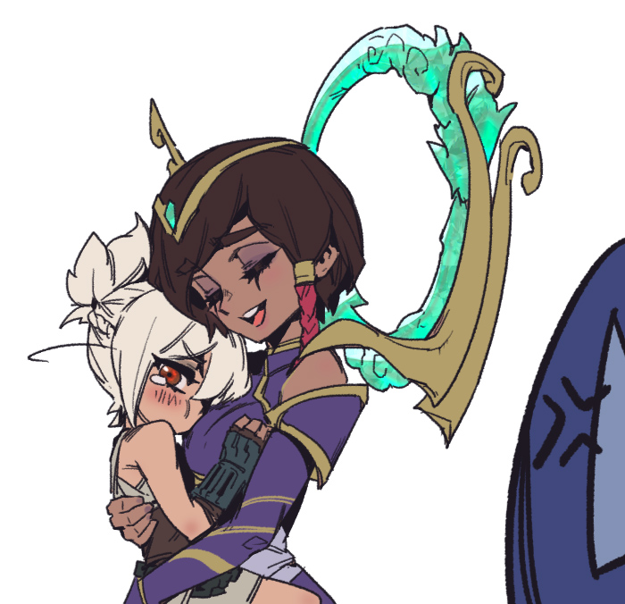 2girls :d anger_vein bare_shoulders black_gloves blush braid breasts brown_eyes brown_hair closed_eyes dark-skinned_female dark_skin fingerless_gloves gloves hair_ornament hug karma_(league_of_legends) large_breasts league_of_legends medium_hair multiple_girls open_mouth phantom_ix_row riven_(league_of_legends) simple_background smile tearing_up teeth tongue upper_teeth_only white_background