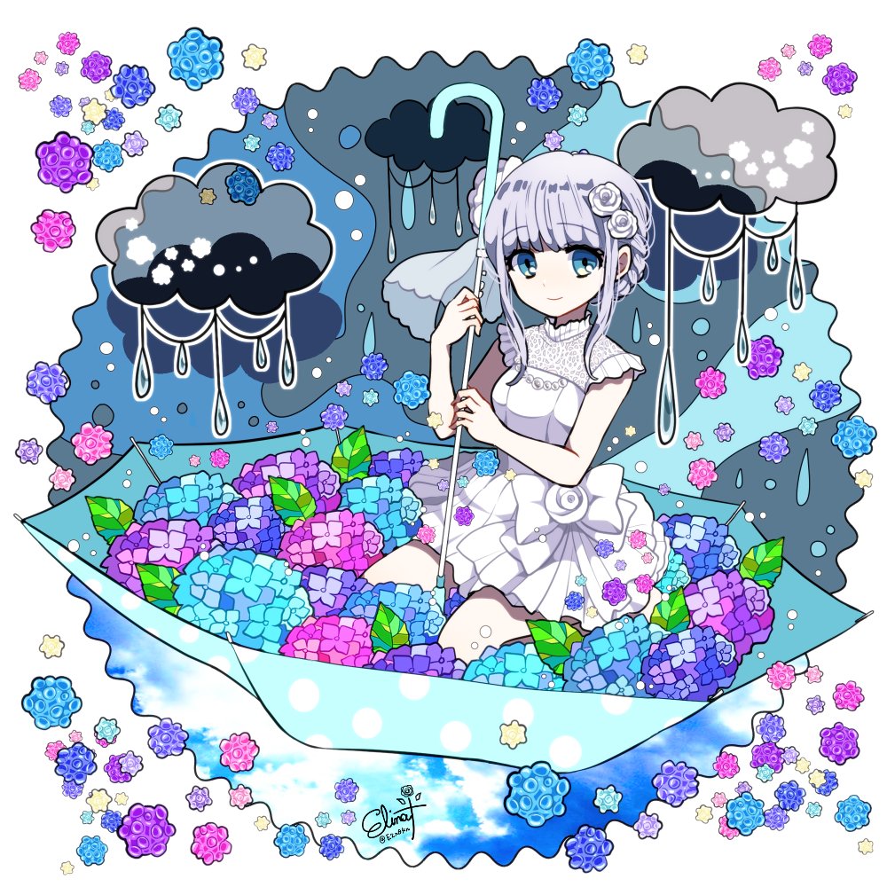 1girl blue_eyes dress elina_(e2n04n) flower frills grey_hair hair_flower hair_ornament hydrangea original sitting solo umbrella white_dress