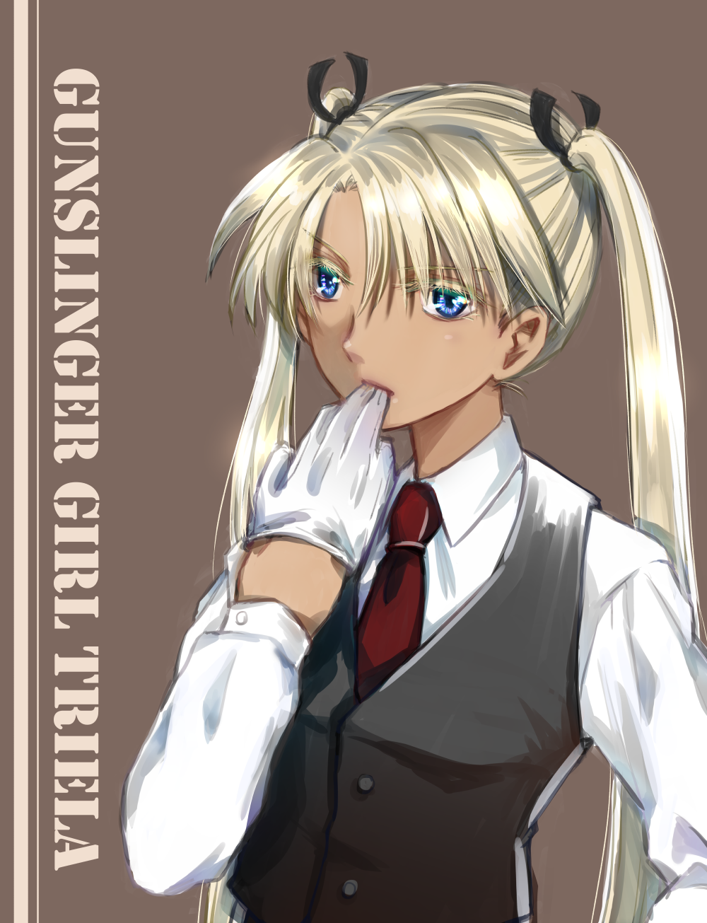 1girl asymmetrical_bangs black_ribbon blonde_hair blue_eyes brown_background character_name collared_shirt colored_eyelashes commentary_request copyright_name cowboy_shot dark-skinned_female dark_skin dress_shirt formal gloves gunslinger_girl hair_ribbon highres leoheart long_hair long_sleeves looking_at_viewer mouth_hold necktie red_necktie removing_glove ribbon shirt simple_background solo suit triela twintails upper_body very_long_hair vest white_gloves white_shirt wing_collar