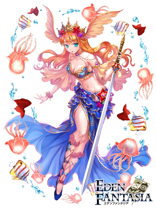 1girl blue_eyes blue_skirt box_(hotpppink) breasts claire_(eden_fantasia) cleavage commentary_request copyright_name crop_top eden_fantasia fish full_body head_fins holding holding_sword holding_weapon jellyfish long_hair long_skirt midriff navel official_art orange_hair side_slit skirt sword tiara water watermark weapon