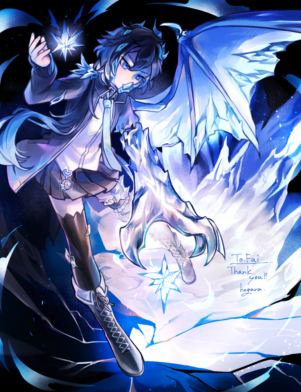 1girl artist_name black_footwear black_skirt black_thighhighs blue_background blue_eyes blue_hair blue_jacket blue_necktie boots claws commission cross-laced_footwear dragon_girl dragon_wings flying full_body hand_up highres hogara ice ice_crystal ice_shard jacket lace-up_boots long_hair long_sleeves looking_down low_ponytail necktie open_mouth original outdoors oversized_limbs pleated_skirt single_wing skeb_commission skirt solo thighhighs very_long_hair white_hair wings