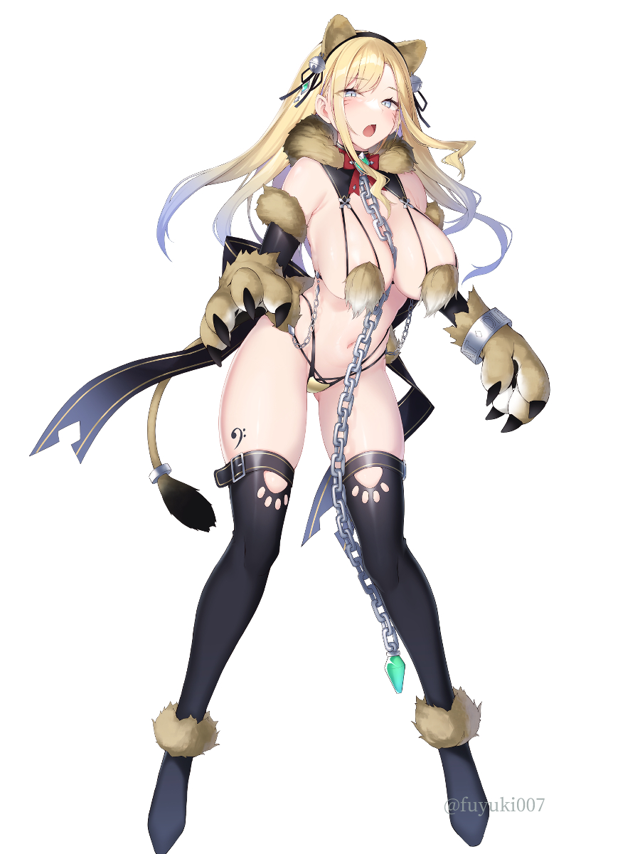 1girl animal_ears animal_hands bikini blonde_hair chain character_request elbow_gloves escalation_heroines fake_animal_ears fang full_body fur_trim gloves green_eyes highres long_hair nanahara_fuyuki official_art open_mouth swimsuit thighhighs white_background