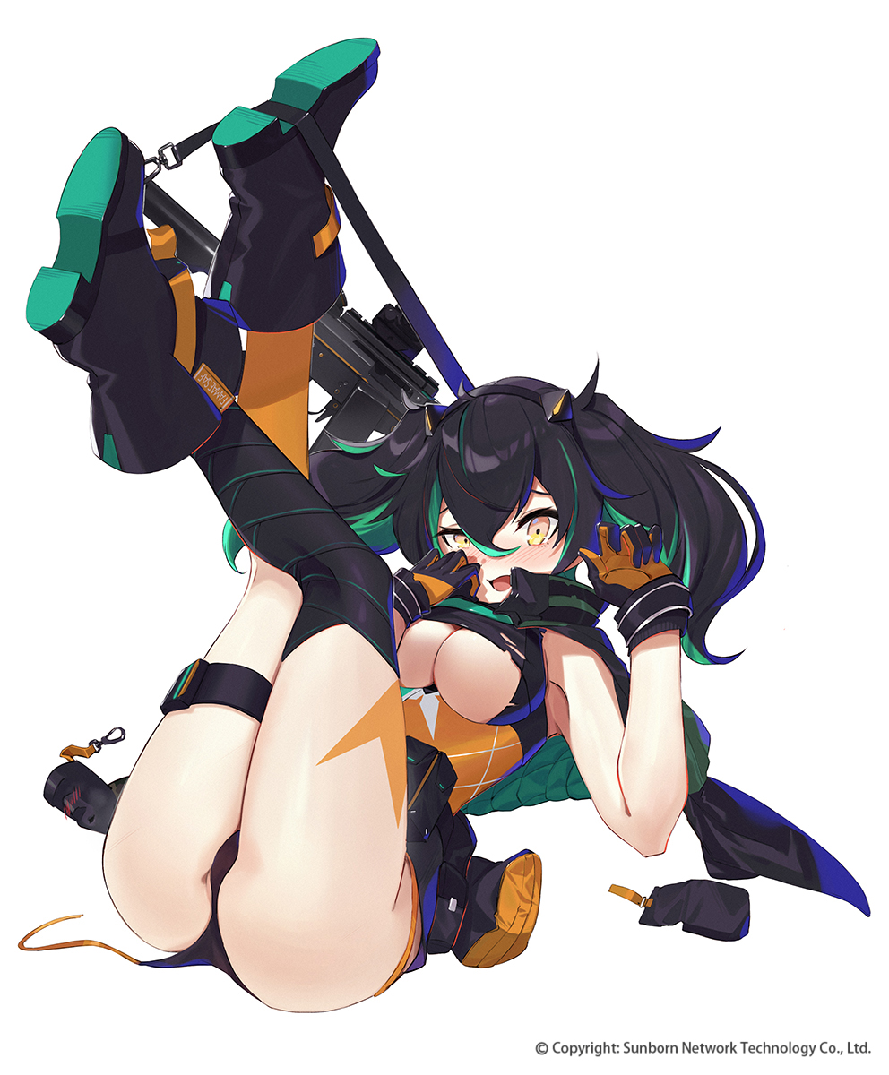 1girl ass asymmetrical_legwear black_footwear black_gloves black_hair black_panties black_thighhighs boots breasts capelet company_name damaged defeat famae_saf full_body girls'_frontline gloves green_capelet green_hair gun hair_between_eyes half-closed_eye headgear highres kneehighs legs long_hair looking_at_viewer moai multicolored_hair official_art open_mouth orange_socks panties purple_capelet ranyu saf_(girls'_frontline) scope single_kneehigh single_sock single_thighhigh sitting sleeveless snap-fit_buckle socks solo streaked_hair submachine_gun thigh_strap thighhighs torn_clothes twintails two-tone two-tone_capelet two-tone_hair underboob underwear uneven_legwear weapon white_background yellow_eyes