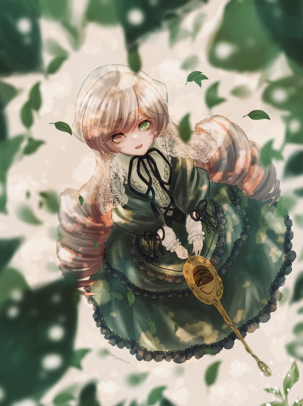 1girl brown_hair dress drill_hair frilled_dress frills green_dress green_eyes head_scarf heterochromia highres holding holding_watering_can kiru_(m_putorius) leaf lolita_fashion long_hair long_sleeves looking_at_viewer open_mouth plant red_eyes rozen_maiden smile solo suiseiseki very_long_hair watering watering_can