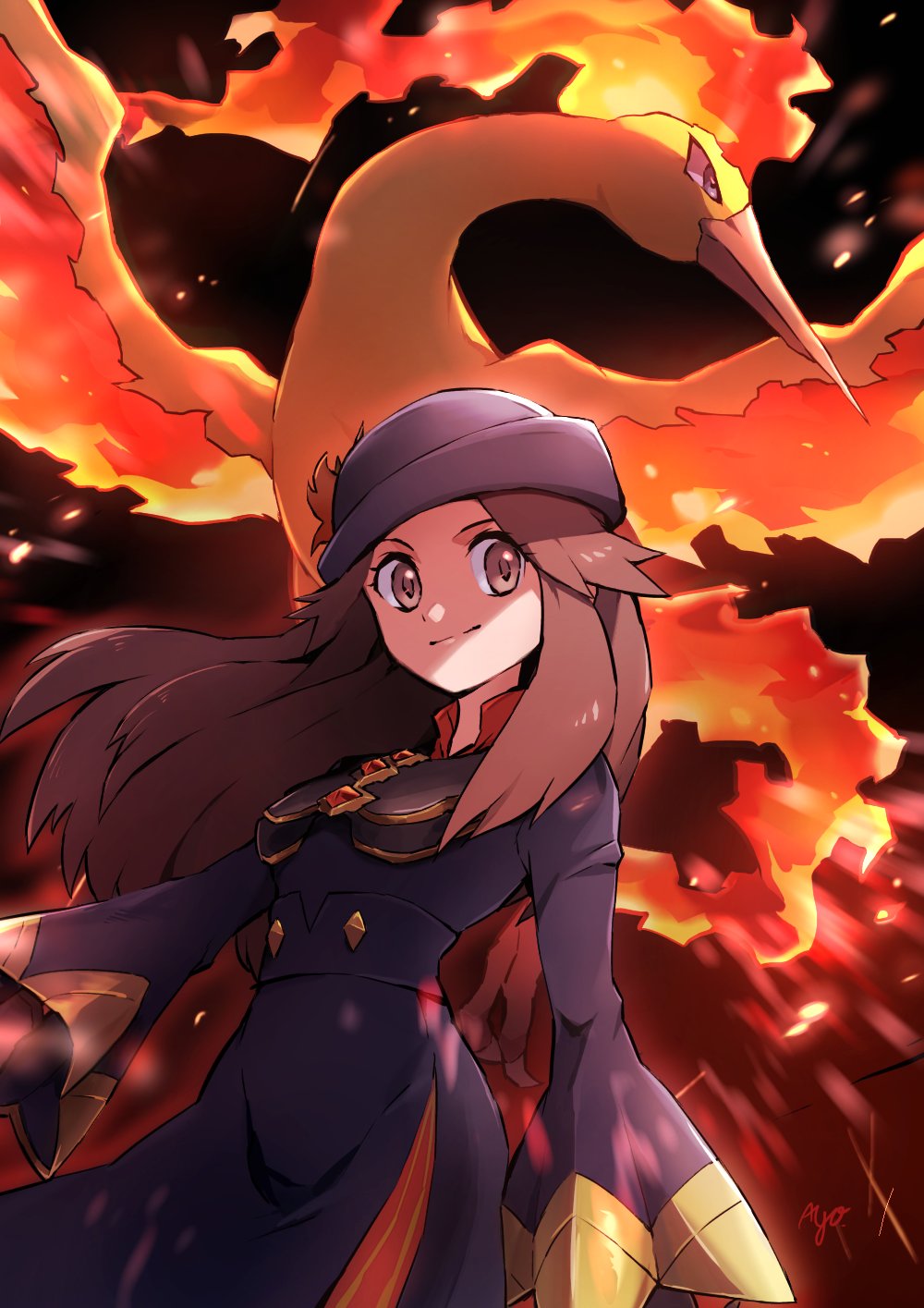 1girl ayo_(ayosanri009) bird black_background brown_eyes brown_hair closed_mouth commentary_request dress eyelashes fire hair_flaps hat highres leaf_(champion)_(pokemon) leaf_(pokemon) long_hair long_sleeves moltres official_alternate_costume pokemon pokemon_(creature) pokemon_(game) pokemon_masters_ex sidelocks signature smile