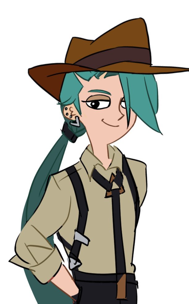 1girl collared_shirt cosplay fedora flat_chest green_hair hand_in_pocket hat hinann_bot long_hair long_sleeves parody perry_the_platypus perry_the_platypus_(cosplay) phineas_and_ferb pokemon pokemon_(game) pokemon_sv ponytail rika_(pokemon) shirt simple_background sleeves_rolled_up solo style_parody suspenders upper_body white_background