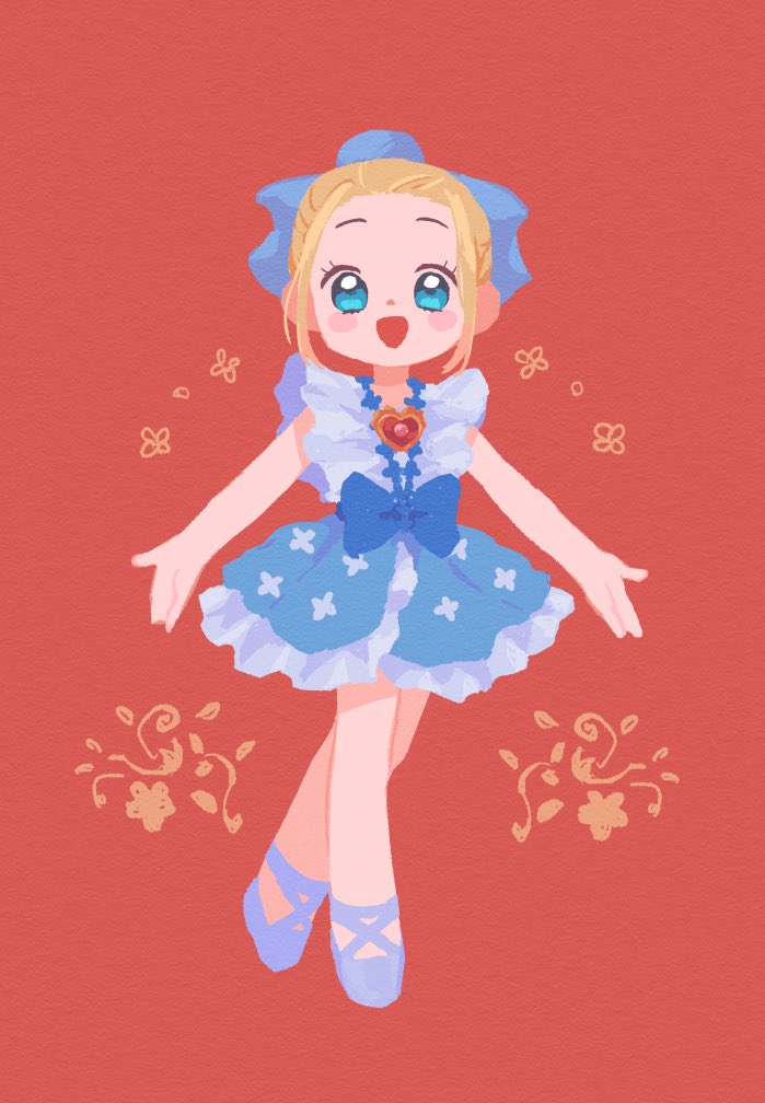 1girl :d ashita_no_nadja ballet_slippers blonde_hair blue_bow blue_dress blue_eyes blush bow brooch bun_cover dress hair_bun heart heart_brooch jewelry koteko_(chop_of_toilet) looking_at_viewer nadja_applefield official_alternate_costume open_mouth red_background simple_background smile solo