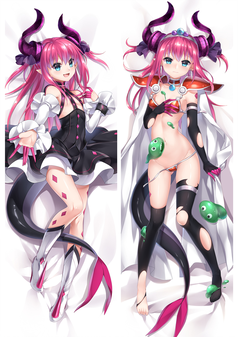 1girl :d armor ass_visible_through_thighs bare_shoulders between_legs bikini_armor black_dress black_gloves blue_eyes blush breasts dakimakura_(medium) detached_sleeves dragon_girl dragon_horns dragon_tail dress elizabeth_bathory_(brave)_(fate) elizabeth_bathory_(fate) elizabeth_bathory_(fate/extra_ccc) embarrassed fang fate/extra fate/extra_ccc fate/grand_order fate_(series) fingerless_gloves frown full_body gloves groin hair_between_eyes hand_on_own_chest hand_up horns knee_up knees_together_feet_apart legs legs_apart long_hair loose_panties lying midriff moeanime navel on_back on_bed outstretched_arm oversized_clothes panties panty_pull pauldrons pink_hair reaching_towards_viewer shoulder_armor small_breasts smile tail tail_between_legs thighhighs torn_clothes torn_gloves torn_thighhighs underwear very_long_hair