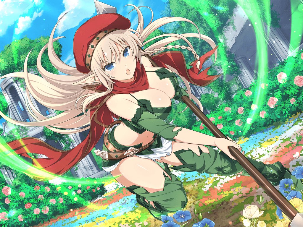 1girl alleyne_(queen's_blade) belt beret blonde_hair blue_eyes blue_flower blue_sky boots bra breasts brown_belt cape cleavage crossover day elbow_gloves flower gloves green_bra green_footwear green_gloves hat holding holding_polearm holding_weapon large_breasts long_hair looking_at_viewer nature navel official_art open_mouth outdoors pink_flower pink_rose pointy_ears polearm queen's_blade red_cape red_headwear rose ruins senran_kagura senran_kagura_new_link sky solo thigh_boots tree underwear weapon white_loincloth