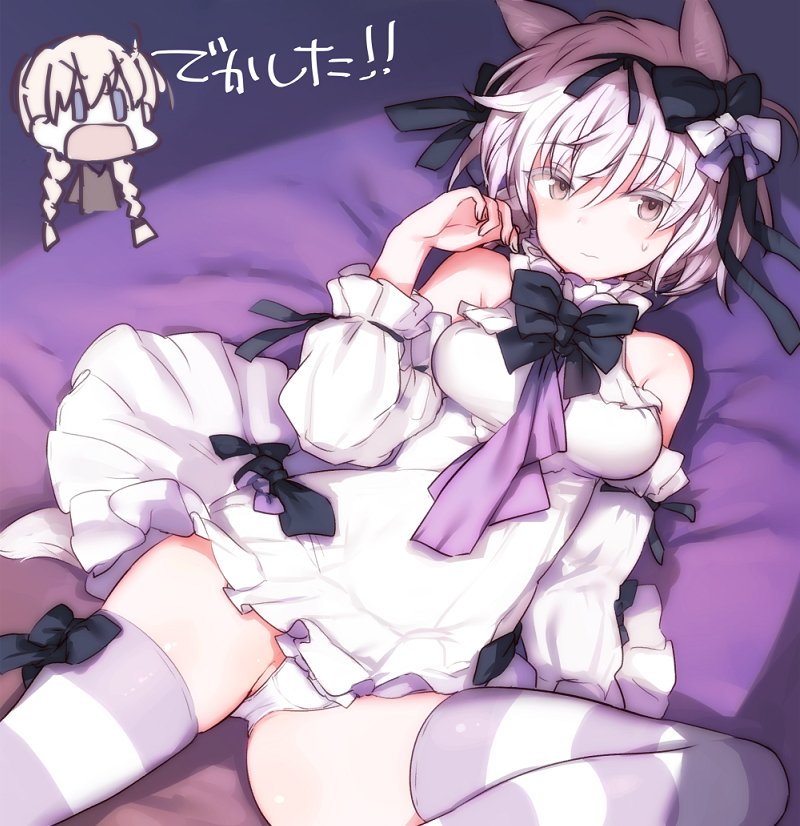 2girls aila_paivikki_linnamaa animal_ears ascot bare_shoulders bed_sheet black_bow black_bowtie black_eyes bow bow_legwear bowtie breasts closed_mouth commentary_request detached_sleeves dress feet_out_of_frame frilled_dress frills hair_bow hand_up large_breasts light_blush looking_at_viewer luminous_witches lying lyudmila_andreyevna_ruslanova multiple_girls on_bed panties puffy_sleeves purple_ascot purple_thighhighs shimada_fumikane short_dress short_hair striped striped_thighhighs sweat tail thighhighs thighs underwear white_bow white_dress white_hair white_panties white_sleeves wolf_ears wolf_girl wolf_tail world_witches_series