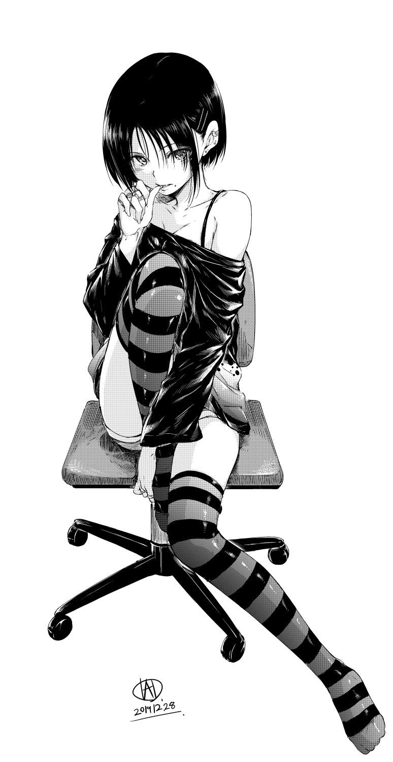 1girl bare_shoulders biting breasts chair cleavage ear_piercing full_body greyscale hair_ornament hairclip hamao highres jewelry knee_up looking_at_viewer mole mole_under_mouth monochrome nail_biting no_shoes off-shoulder_shirt off_shoulder office_chair original parted_lips piercing ring shirt short_hair short_shorts shorts sitting small_breasts solo striped striped_thighhighs swivel_chair thighhighs