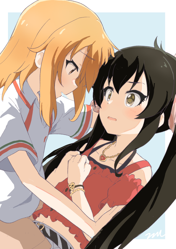 2girls aayh black_camisole black_hair blonde_hair blue_background brown_eyes camisole collarbone collared_shirt commentary_request eye_contact heart heart_necklace idolmaster idolmaster_cinderella_girls idolmaster_cinderella_girls_u149 jewelry long_hair looking_at_another matoba_risa multiple_girls navel necklace off-shoulder_shirt off_shoulder parted_lips puffy_short_sleeves puffy_sleeves red_shirt shirt short_sleeves twintails two-tone_background very_long_hair white_background white_shirt yuri yuuki_haru