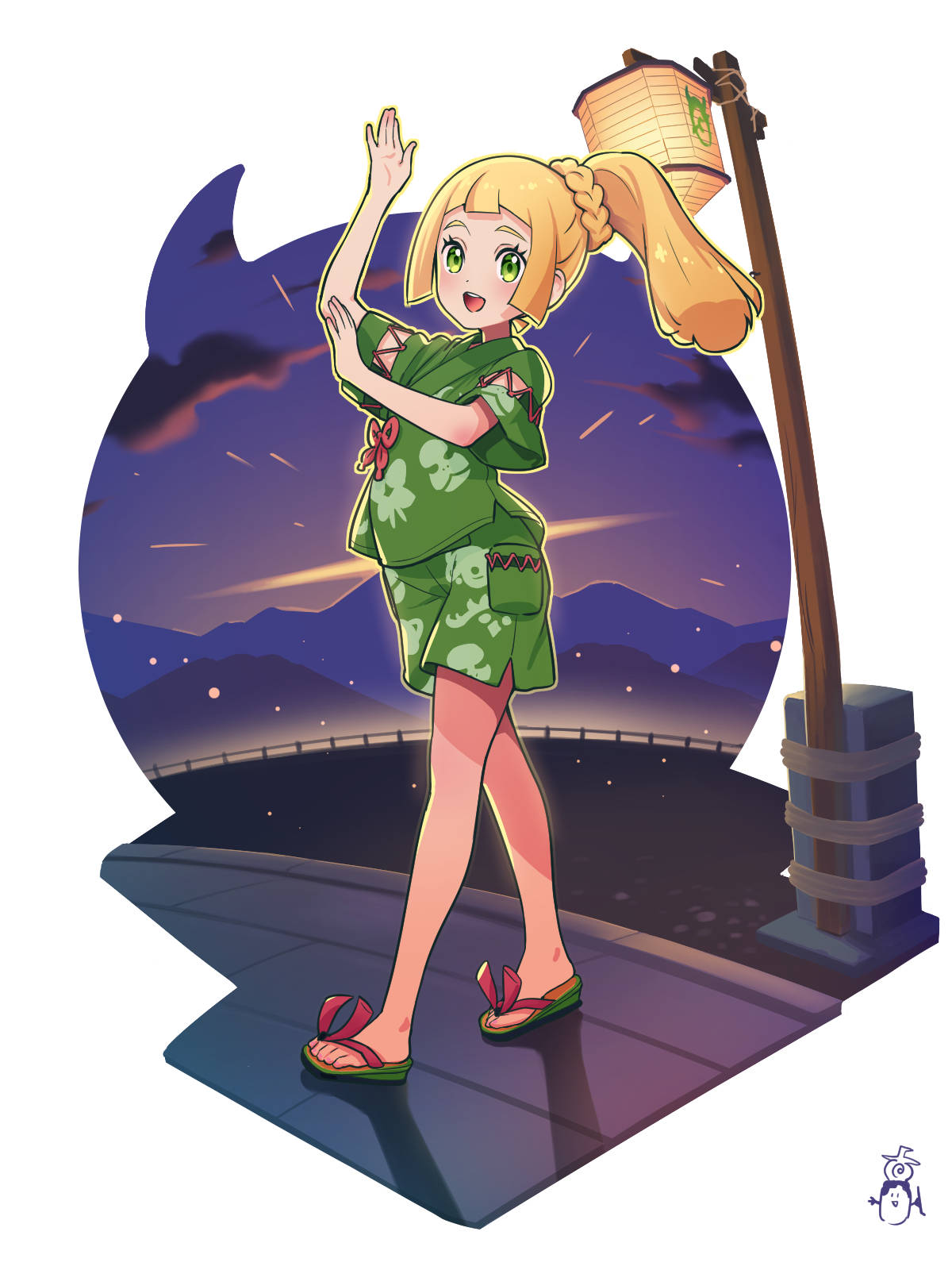 1girl :d alternate_costume arm_up blonde_hair blunt_bangs border braid cloud commentary_request eyelashes full_body green_eyes green_shirt green_shorts hand_up highres kinocopro lillie_(pokemon) night open_mouth outdoors pokemon pokemon_(game) pokemon_sm pokemon_sv ponytail sandals shirt shorts side_slit side_slit_shorts sky smile solo standing toes white_border