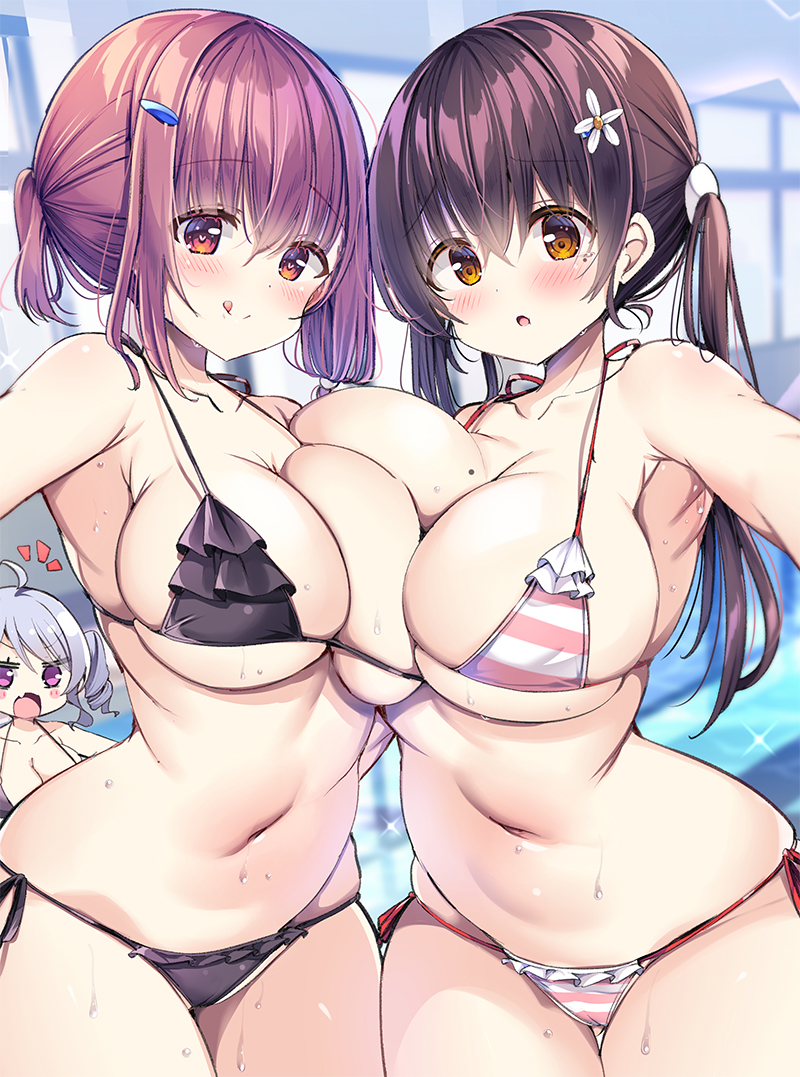 3girls :p ahoge bare_arms bikini black_bikini blue_hair blush breast_press breasts brown_eyes brown_hair closed_mouth comic_cune commentary_request hair_ornament hairclip indoors kurou_(quadruple_zero) large_breasts licking_lips long_hair mia_s_blumengarten miyake_karin mole mole_on_breast multiple_girls navel open_mouth pink_bikini pool purple_eyes shirakawa_kokona side-tie_bikini_bottom sidelocks smile standing striped striped_bikini swimsuit symmetrical_docking thighhighs tongue tongue_out twintails two-tone_bikini watashi_no_tame_ni_nuginasai! white_bikini