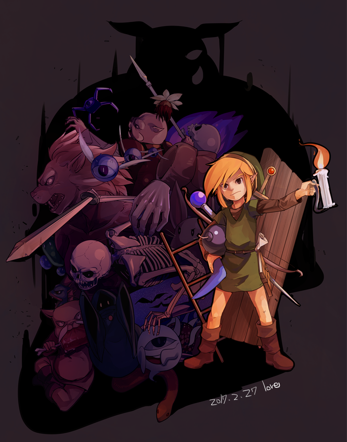 1boy belt black_eyes blonde_hair blue_bubble_(zelda) bomb book boomerang bow_(weapon) brown_belt brown_footwear brown_shirt candle dated explosive expressionless fire full_body ganon gel_(zelda) ghini ghost goriya_(zelda) green_headwear green_tunic grey_background holding holding_candle holding_weapon keese ladder leever like_like link lore lynel male_focus map moblin outstretched_arm patra_(zelda) pointy_ears polearm pols_voice raft rope_(zelda) shirt signature silhouette snake spear stalfos sword sword_on_back tektite the_legend_of_zelda the_legend_of_zelda_(nes) throwing wallmaster wand weapon weapon_on_back wizzrobe zora