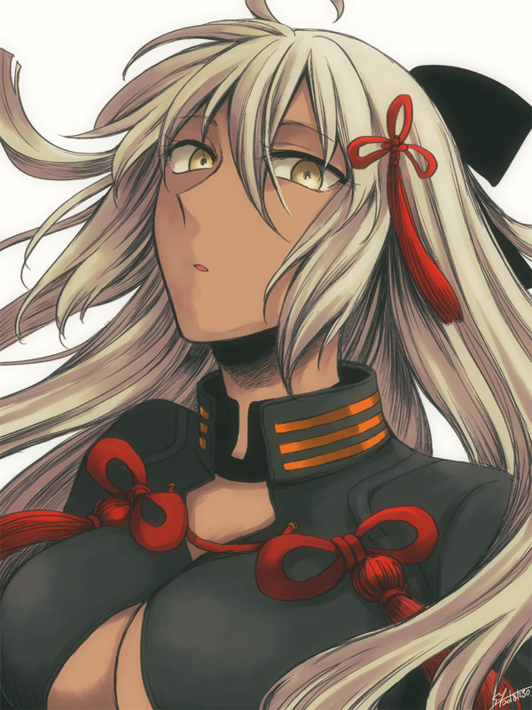 1girl black_bow bow breasts brown_eyes cleavage cleavage_cutout clothing_cutout commentary_request dark-skinned_female dark_skin fate/grand_order fate_(series) hair_bow large_breasts long_hair okita_souji_(fate) okita_souji_alter_(fate) portrait signature solo tassel white_hair yuuzuki230
