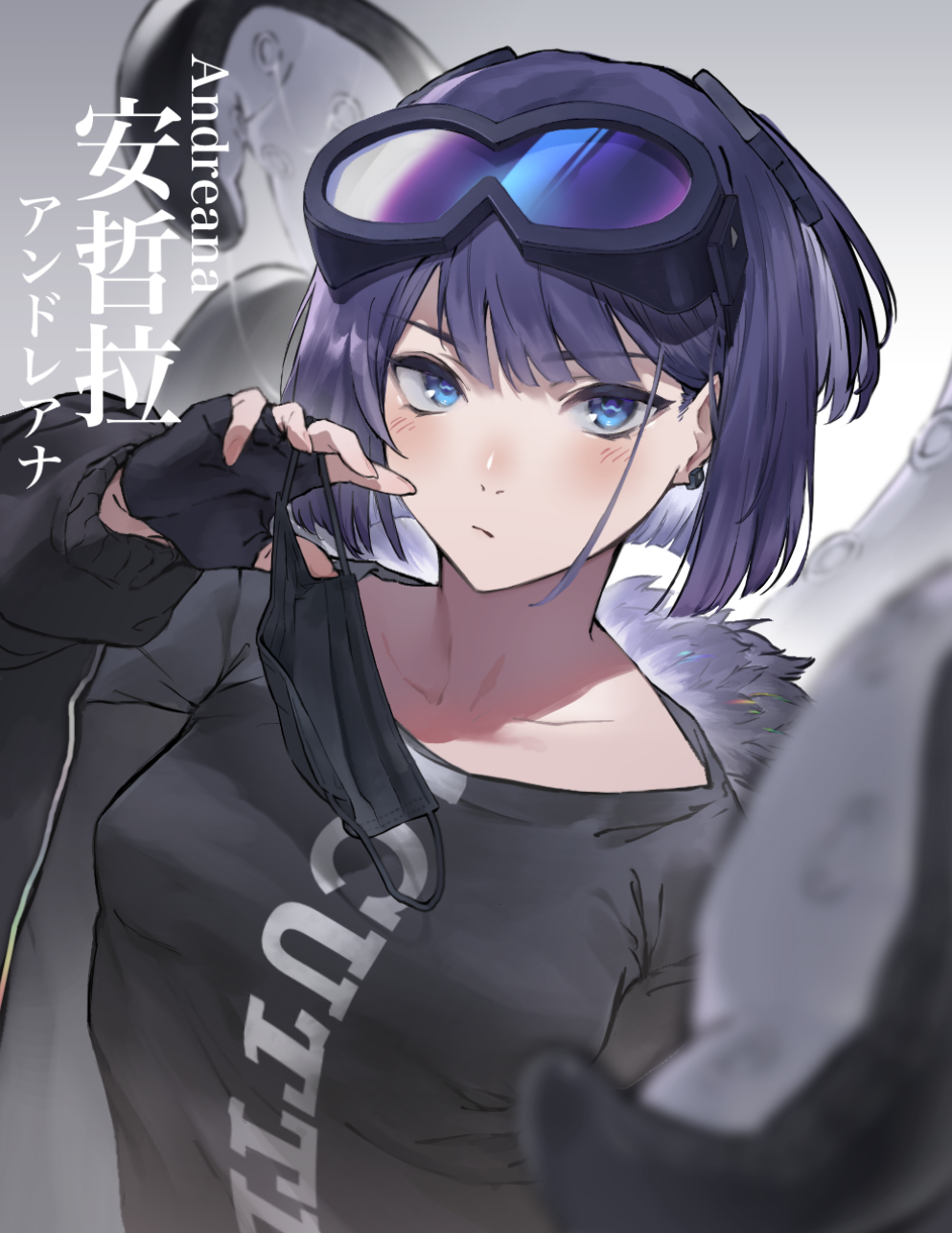 1girl andreana_(arknights) arknights black_gloves black_shirt blue_eyes blush breasts character_name chikoku_no_oni clothes_writing earrings fingerless_gloves fur_trim gloves goggles goggles_on_head grey_background highres jewelry looking_at_viewer mask mouth_mask purple_hair shirt short_hair simple_background small_breasts solo tentacles unworn_mask upper_body