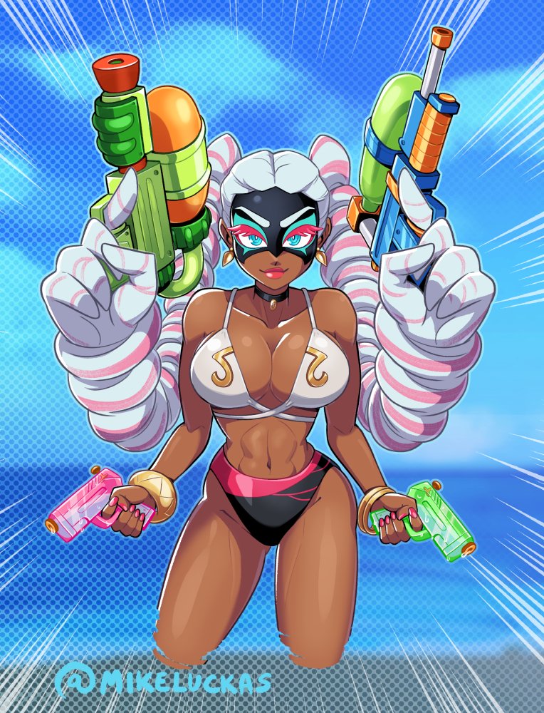 1girl abs arms_(game) bikini black_bikini_bottom blue_eyes breasts cleavage closed_mouth dangle_earrings dark-skinned_female dark_skin earrings grey_hair holding holding_water_gun jewelry large_breasts long_hair looking_at_viewer mike_luckas multicolored_hair navel pink_hair pink_lips pink_nails smile solo swimsuit twintelle_(arms) water_gun white_bikini