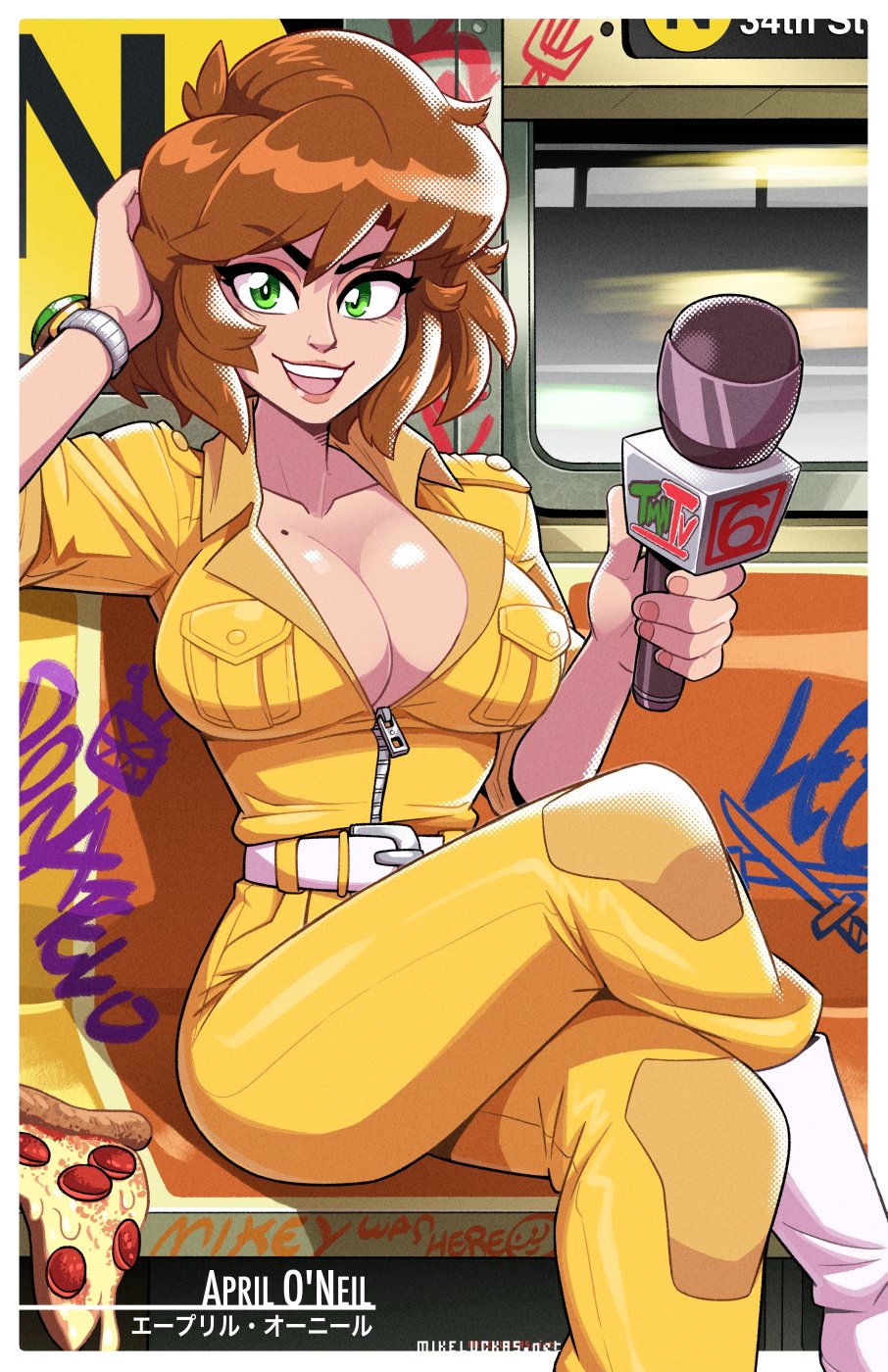 1girl april_o'neil arm_behind_head arm_up belt blush boots breasts brown_hair cleavage food green_eyes highres holding holding_microphone knee_boots large_breasts microphone mike_luckas mole mole_on_breast open_mouth pizza pizza_slice short_hair sitting smile solo teenage_mutant_ninja_turtles teeth upper_teeth_only watch white_belt white_footwear wristwatch zipper zipper_pull_tab