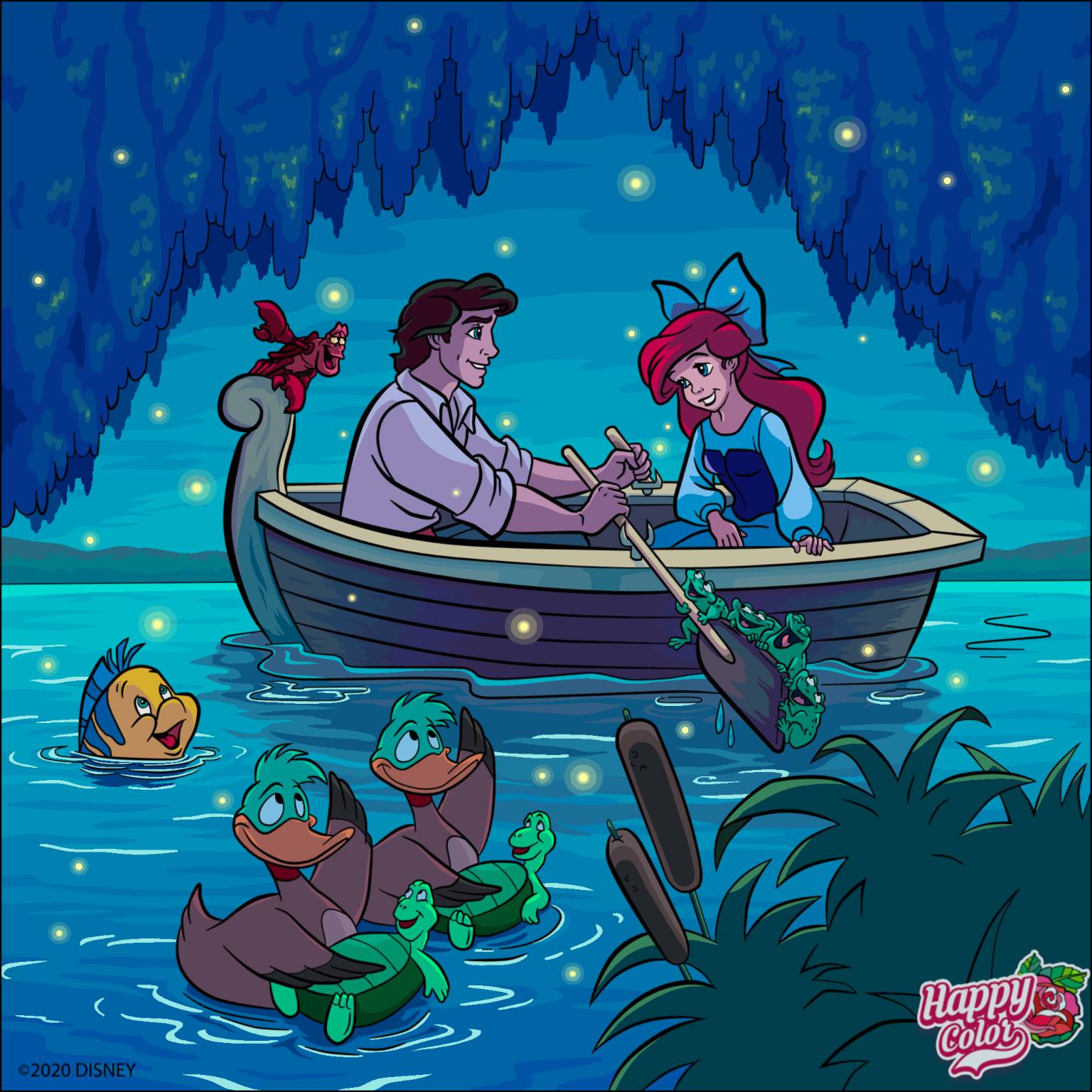 1boy 1girl ariel_(disney) artist_logo artist_name bird black_hair blue_bow blue_dress blue_eyes bow bug drawingliker100 dress duck eric_(disney) european_clothes firefly fish flounder_(the_little_mermaid) hair_bow highres holding holding_oar lobster long_hair night oar outdoors red_hair reeds rowboat sebastian_(disney) shirt short_hair short_sleeves the_little_mermaid turtle water watermark white_shirt