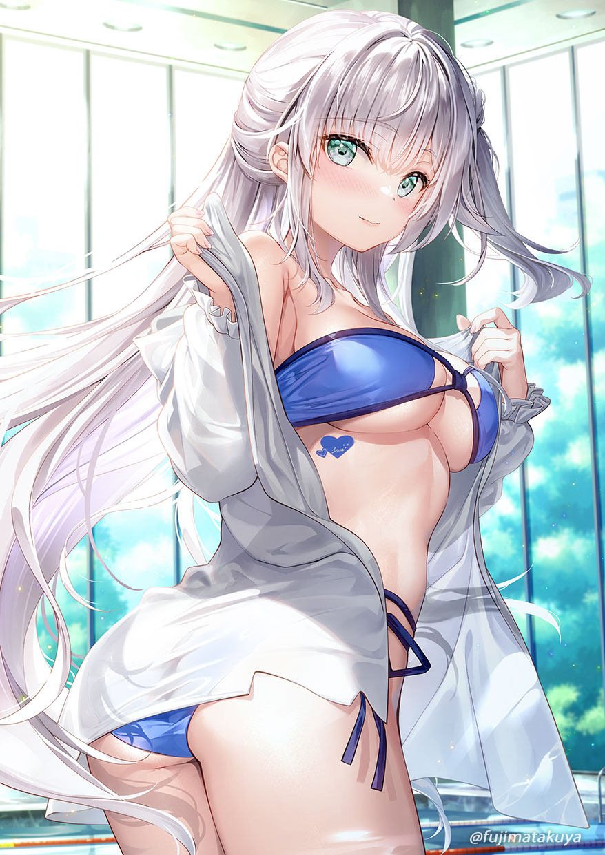 1girl bikini blue_bikini blush breasts character_request commentary_request copyright_request cover cover_page fujima_takuya green_eyes grey_hair heart heart_tattoo highres large_breasts long_hair long_sleeves looking_at_viewer novel_cover novel_illustration official_art open_clothes open_shirt shirt smile solo string_bikini swimsuit tattoo thighs white_hair white_shirt