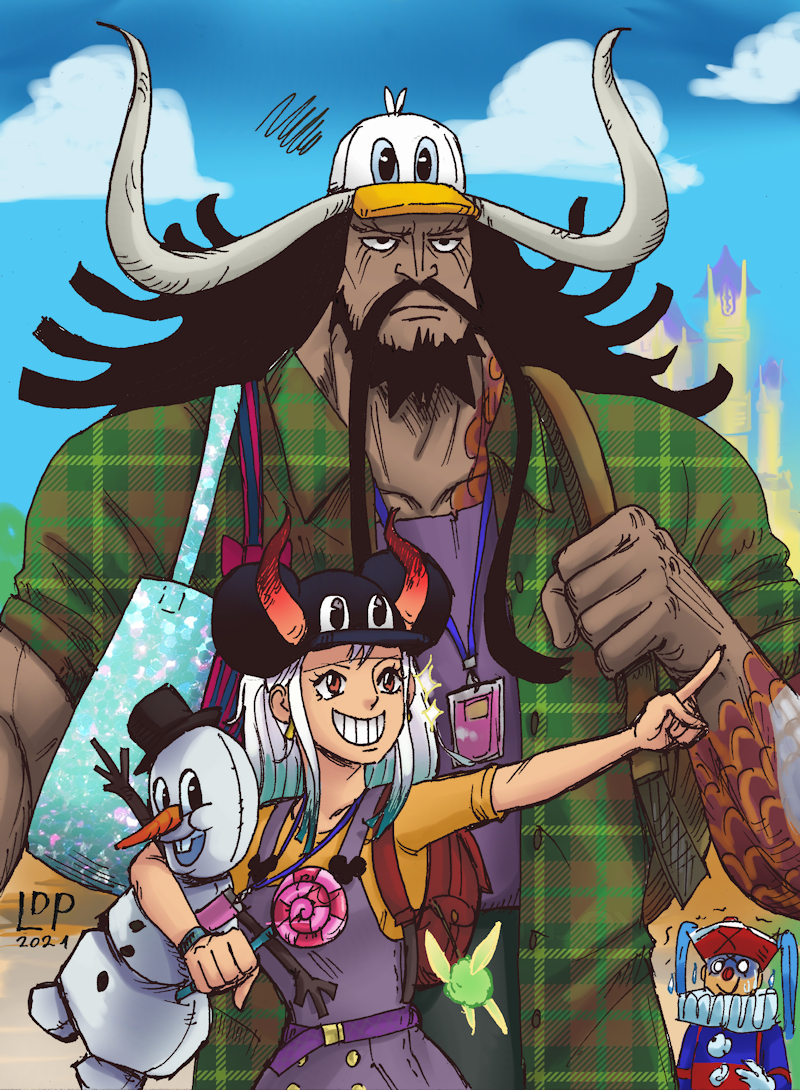 1girl 2boys artist_name bag black_hair blue_hair buggy_the_clown candy clown_nose curled_horns disneyland dress expressionless facial_hair father_and_daughter food green_hair green_shirt height_difference horns kaidou_(one_piece) lollipop multicolored_hair multicolored_horns multiple_boys one_piece oni orange_eyes piratemonkey pointing purple_shirt shirt smile strong stuffed_toy tattoo two-tone_hair white_hair yamato_(one_piece) yellow_shirt