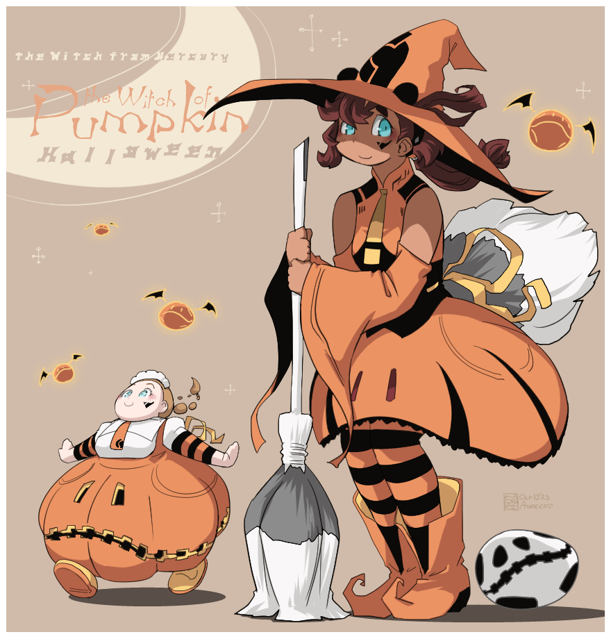 animal_ears aoneco artist_name blue_eyes boots braid braided_ponytail broom brown_hair clothing_cutout collared_shirt commentary dark-skinned_female dark_skin dress english_text facial_mark gundam gundam_suisei_no_majo halloween halloween_costume haro hat holding holding_broom lilique_kadoka_lipati long_dress long_sleeves low_ponytail medium_dress orange_dress orange_footwear orange_headwear orange_pantyhose outstretched_arms pantyhose parody pinafore_dress pointy_footwear red_hair shirt shoes shoulder_cutout signature single_braid sleeveless sleeveless_dress spread_arms striped striped_pantyhose suletta_mercury title_parody walking white_shirt wide_sleeves witch_hat