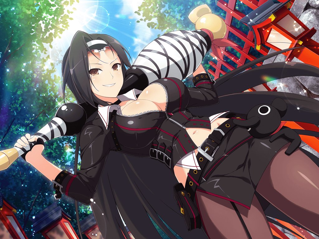 1girl animal architecture belt belt_buckle black_belt black_choker black_hair black_shirt black_skirt blue_sky blush branch breasts brown_eyes buckle choker cleavage cloud collarbone day east_asian_architecture elephant elephant_ears eyewear_on_head fence groin hairband holding holding_smoking_pipe jasmine_(senran_kagura) kiseru lantern large_breasts leaf lens_flare light_particles long_hair long_sleeves looking_at_viewer midriff navel official_alternate_costume official_art outdoors oversized_object pantyhose plant red_scarf scarf senran_kagura senran_kagura_estival_versus senran_kagura_new_link shiny_skin shirt shrine skirt sky smile smirk smoking_pipe solo sparkle standing studded_belt sunglasses sunlight tree weapon_rack white_hairband wooden_fence wooden_lantern yaegashi_nan zipper
